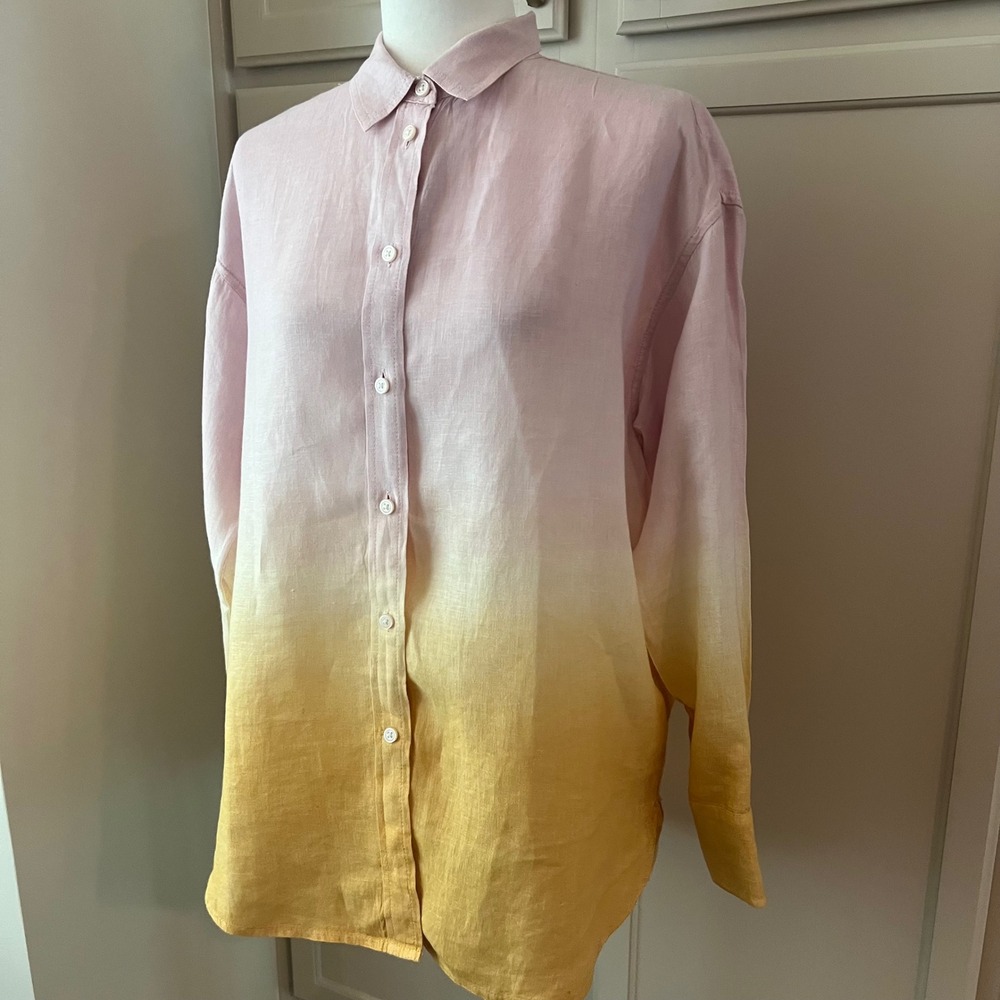 J.Crew Baird McNutt Irish Linen Ombre Dip Dye Relaxed Shirt Pink Yellow 8